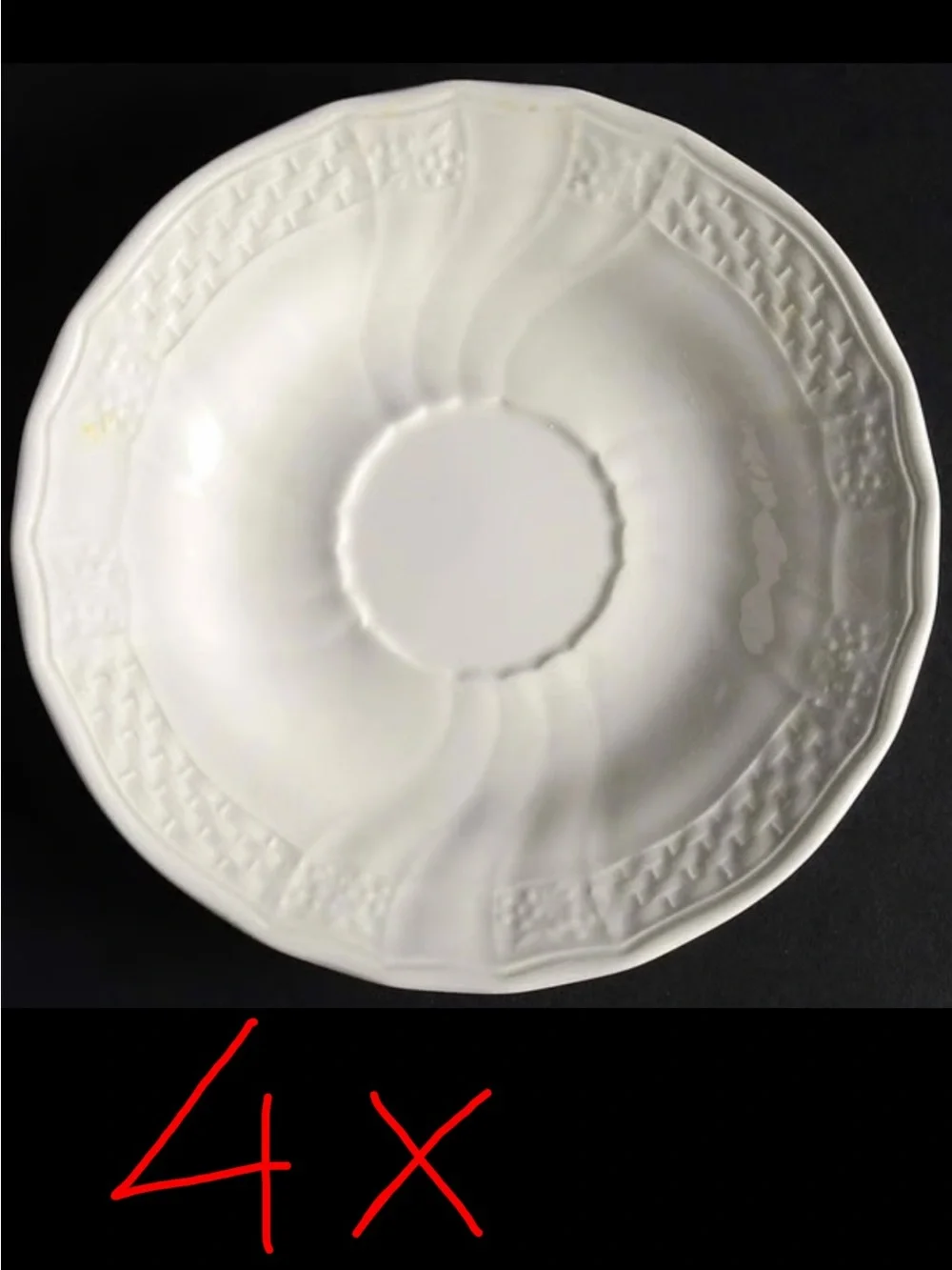 4 Mikasa Renaissance White Embossed Porcelain Saucers 6.5” - Classic Home Dining